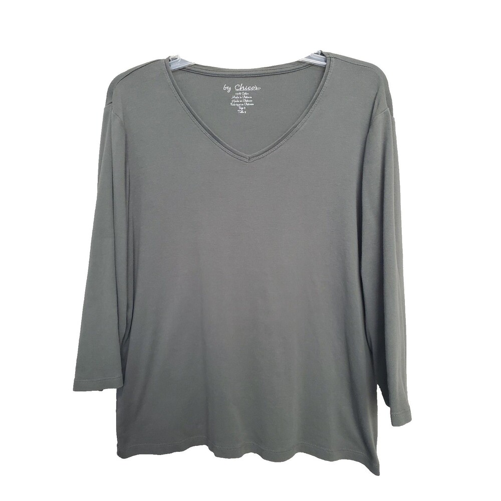 Chico's 100% Cotton Olive Green V-Neck T-Shirt Size 3 (XL)